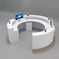 Modern Curved Reception Desk With White And Wooden Finish Featuring Logo Computer And Decorative Items