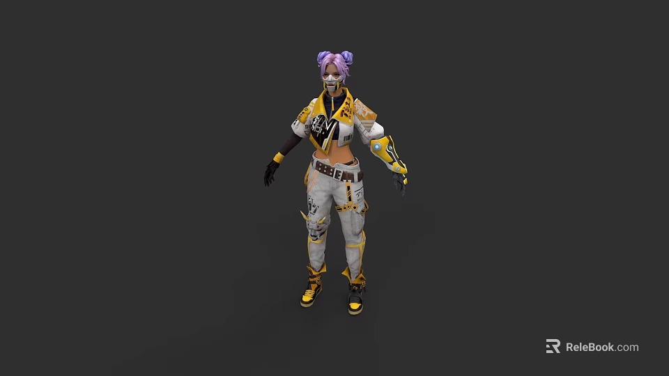Game and Movie Character With Purple Pigtails Yellow White Stylish Combat Outfit and Yellow Boots 3d model 