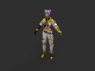 Game and Movie Character With Purple Pigtails Yellow White Stylish Combat Outfit and Yellow Boots 3d model