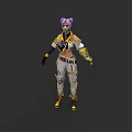 Game and Movie Character With Purple Pigtails Yellow White Stylish Combat Outfit and Yellow Boots