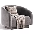 Light Grey Modern Upholstered Lounge Chair With Plaid Decorative Pillow And Soft Tassel Throw Blanket
