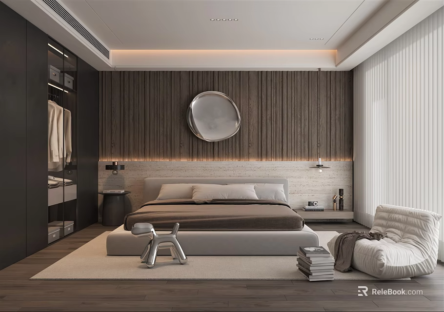 Modern Bedroom Interior With Wooden Accent Wall Round Mirror And Platform Bed 3d model 