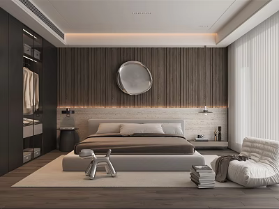 Modern Bedroom Interior With Wooden Accent Wall Round Mirror And Platform Bed 3d model