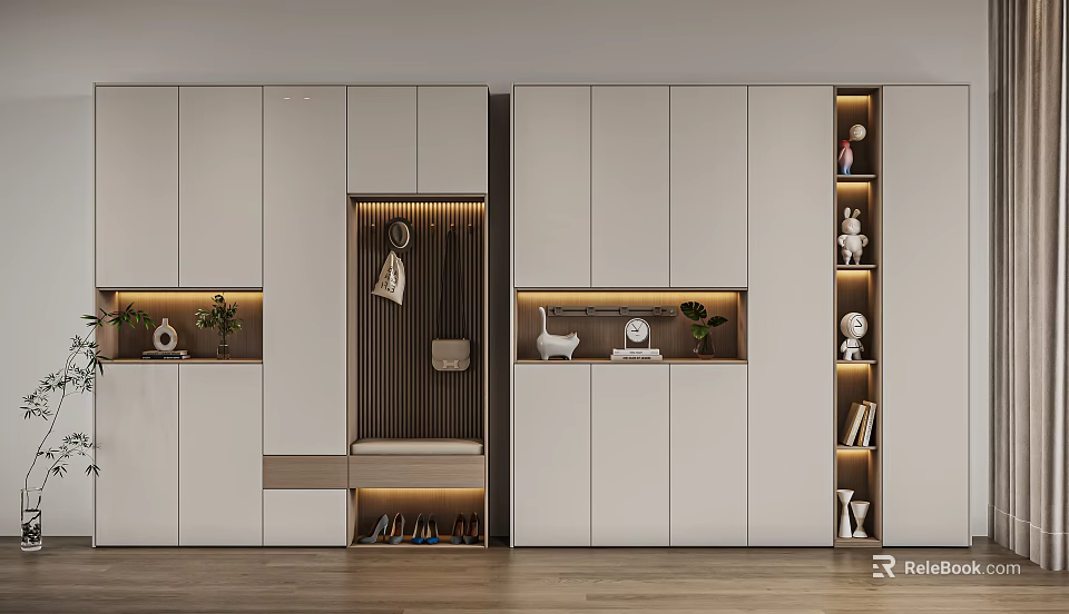 Modern Entrance Cabinet With White Cabinetry Wooden Flooring Clothing Hanging Area And Decorative Items 3d model 
