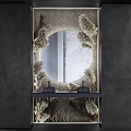 Elegant Bathroom Sink On Black Countertop With Round Marble Mirror Pampas Grass And Woven Walls