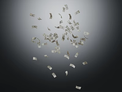 Dollar Bills Falling And Floating In Mid Air Against Dark Background 3d model