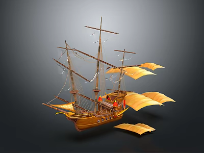 Detailed Wooden Ship Model With Brown Hull Tall Masts And Yellow Sails 3d model