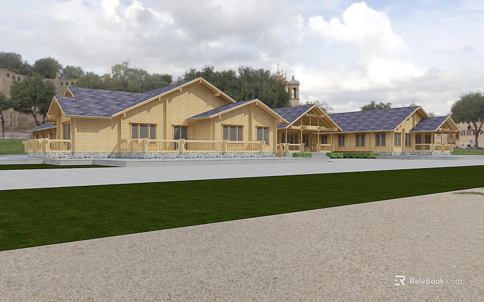 Wooden Detached Villa With Blue Roof Green Grass Lawn And Trees 3d model 