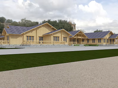 Wooden Detached Villa With Blue Roof Green Grass Lawn And Trees 3d model