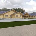 Wooden Detached Villa With Blue Roof Green Grass Lawn And Trees