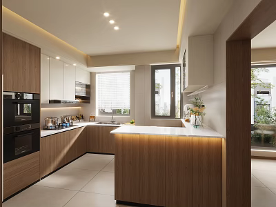 Modern Kitchen Interior With Wooden Cabinets Island White Countertop Appliances And Natural Light 3d model