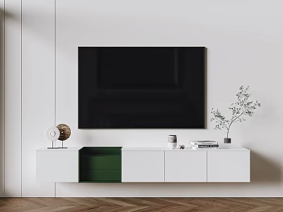 Modern White TV Stand With Green Compartment And Decorative Items On Wooden Floor 3d model