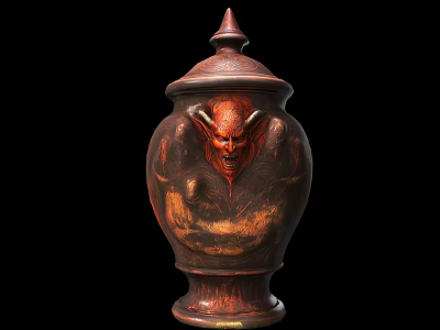 Handcrafted Ceramic Vessel With Carved Demon Head Lid And Textured Brown Surface 3d model