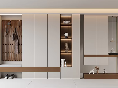 Modern Shoe Cabinet Interior Design With White Wooden Storage Bench Hanging Hooks And Open Shelves 3d model