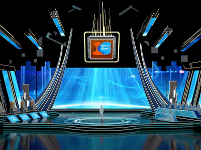 Futuristic Tech Stage With Chip Graphic Large Screen Blue Lighting And Figure 3d model