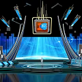 Futuristic Tech Stage With Chip Graphic Large Screen Blue Lighting And Figure
