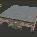 Cartoon Scene of Red Brick Building with Blue Roof Green Awnings and Roll up Door