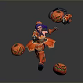 Halloween Themed 3D Game Character In Red Outfit With Purple Hair Pumpkin Weapons And Lanterns