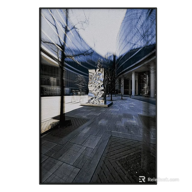Modern Architectural Courtyard Landscape Painting With Stone Path Trees Sculpture And Glass Curtain Walls 3d model 