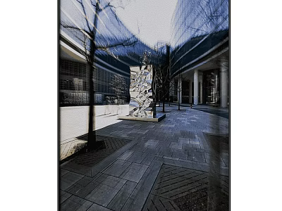 Modern Architectural Courtyard Landscape Painting With Stone Path Trees Sculpture And Glass Curtain Walls 3d model