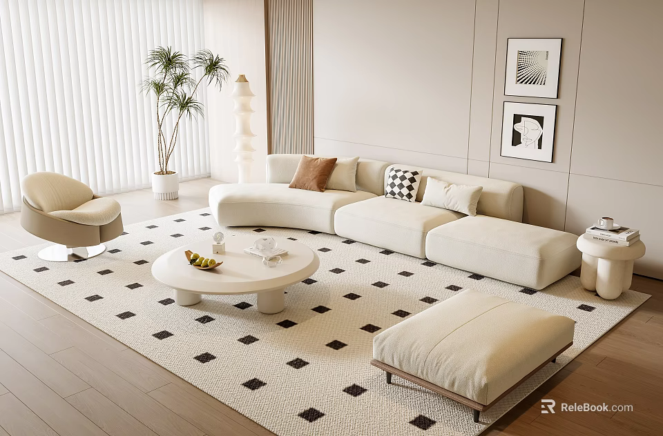 Modern Beige L Shaped Sofa Coffee Table Set With Geometric Rug Ottoman And Cushions 3d model 