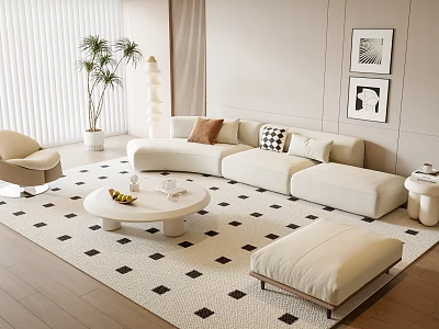 Modern Beige L Shaped Sofa Coffee Table Set With Geometric Rug Ottoman And Cushions 3d model
