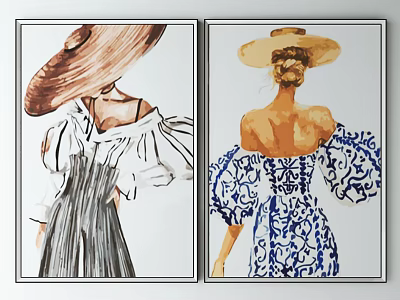 Fashion Illustrations of Women Wearing Stylish Hats and Dresses as Wall Art 3d model