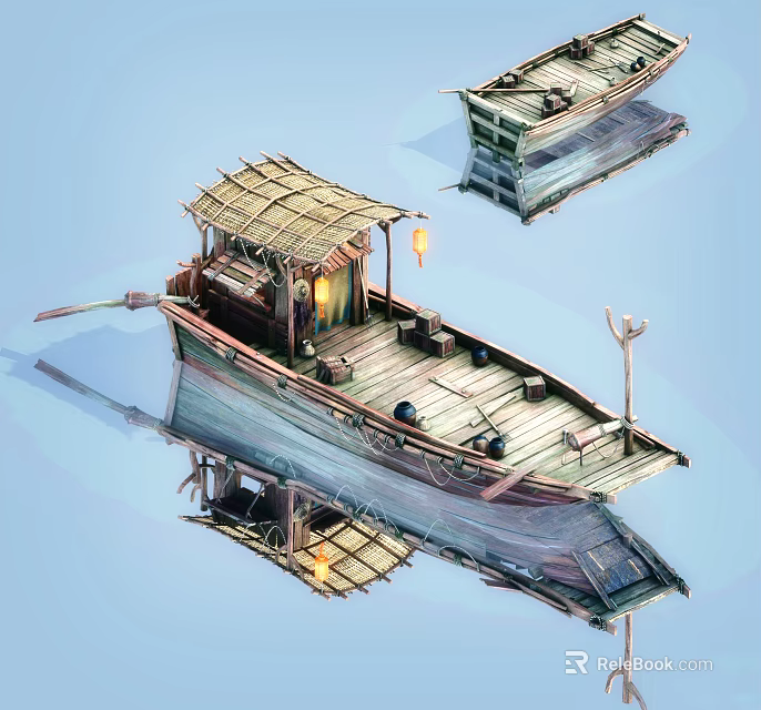 Traditional Wooden Boat Featuring Bamboo Roof Lantern Deck And Water Reflection 3d model 