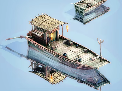 Traditional Wooden Boat Featuring Bamboo Roof Lantern Deck And Water Reflection 3d model
