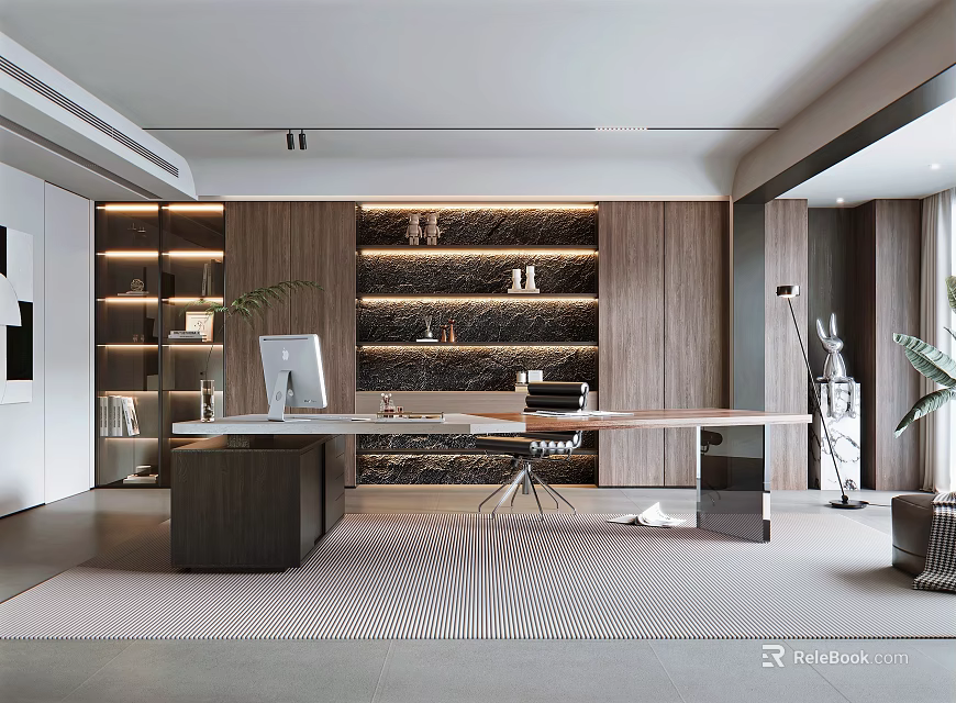 Elegant Modern Study Room Interior With Wooden Shelves Desk Computer And Decorative Items 3d model 