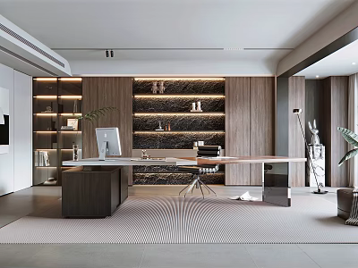 Elegant Modern Study Room Interior With Wooden Shelves Desk Computer And Decorative Items 3d model