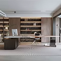 Elegant Modern Study Room Interior With Wooden Shelves Desk Computer And Decorative Items
