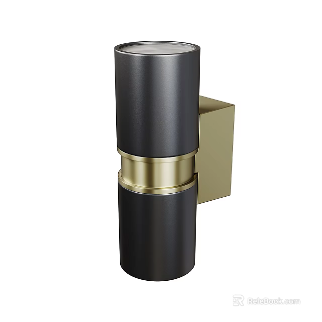 Modern Sleek Black Gold Cylindrical Metal Wall Light Design With Decorative Ring 3d model 