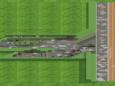 Park Landscape Design with Green Lawn Geometric Paved Paths and Seating Areas 3d model