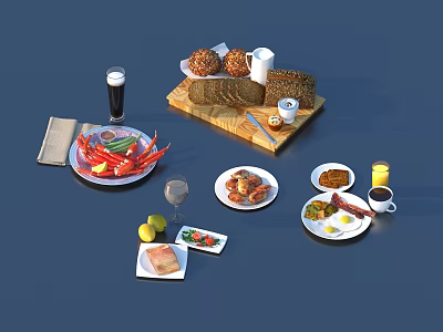 Delicious Assorted Food Platter With Fresh Bread Lobster Grilled Dishes Fruits And Drinks 3d model