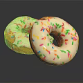 Delicious Donuts Topped With White Frosting And Colorful Sprinkles On Reflective Black Surface