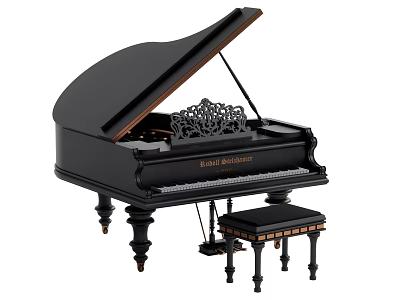 Classic Black Blüthner Grand Piano With Intricate Lyre Design And Matching Wooden Bench 3d model