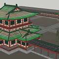 Ancient Chinese Architecture With Multi Story Structure Green Tiled Roofs And Red Pillars