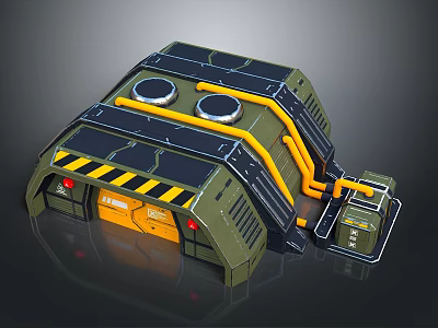 Industrial Green Sci Fi Structure With Yellow Pipes Black Warning Stripes Circular Vents And Metallic Hatch 3d model