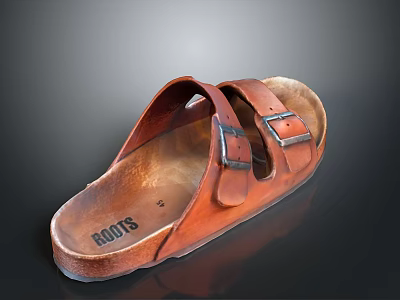 Roots Brown Leather Sandals With Two Buckle Straps And Branded Footbed For Daily Use 3d model