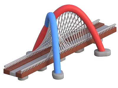 Colorful Landscape Bridge With Red Blue Arches Latticed Cables Brown Deck And Gray Pillars 3d model