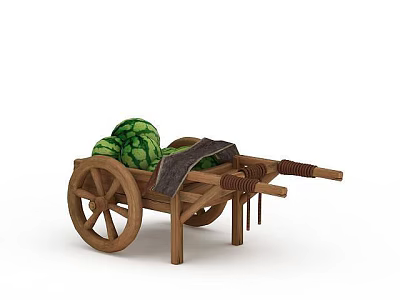 Rustic Wooden Cart Loaded with Fresh Green Watermelons and Wooden Wheels Structure 3d model