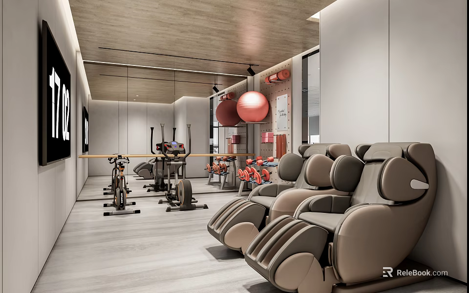 Modern Gym With Fitness Equipment And Massage Chairs 3d model 