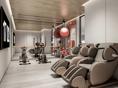 Modern Gym With Fitness Equipment And Massage Chairs 3d model