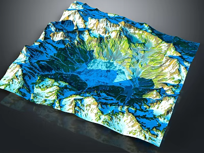 Garden Landscape with 3D Terrain Model Mountains Green Vegetation and Blue Water Areas 3d model