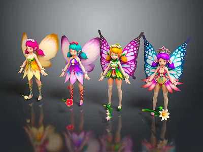 Game Movie Fairy Characters With Colorful Butterfly Wings And Flower Themed Outfits 3d model
