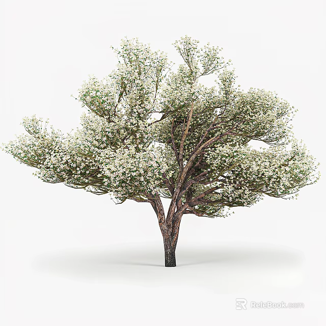 Tall Arbor With Lush Foliage And Small White Flowers On Brown Trunk 3d model 