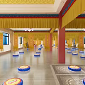 Sacred Buddhist Temple Interior With Golden Ceiling Lotus Chandelier And Buddha Statues