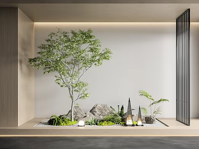 Modern Interior Landscape With Large Tree Rocks Green Plants And Small Lights 3d model