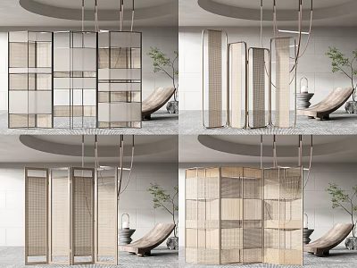 Modern Rattan Partition Screens With Grid Design And Indoor Plants 3d model